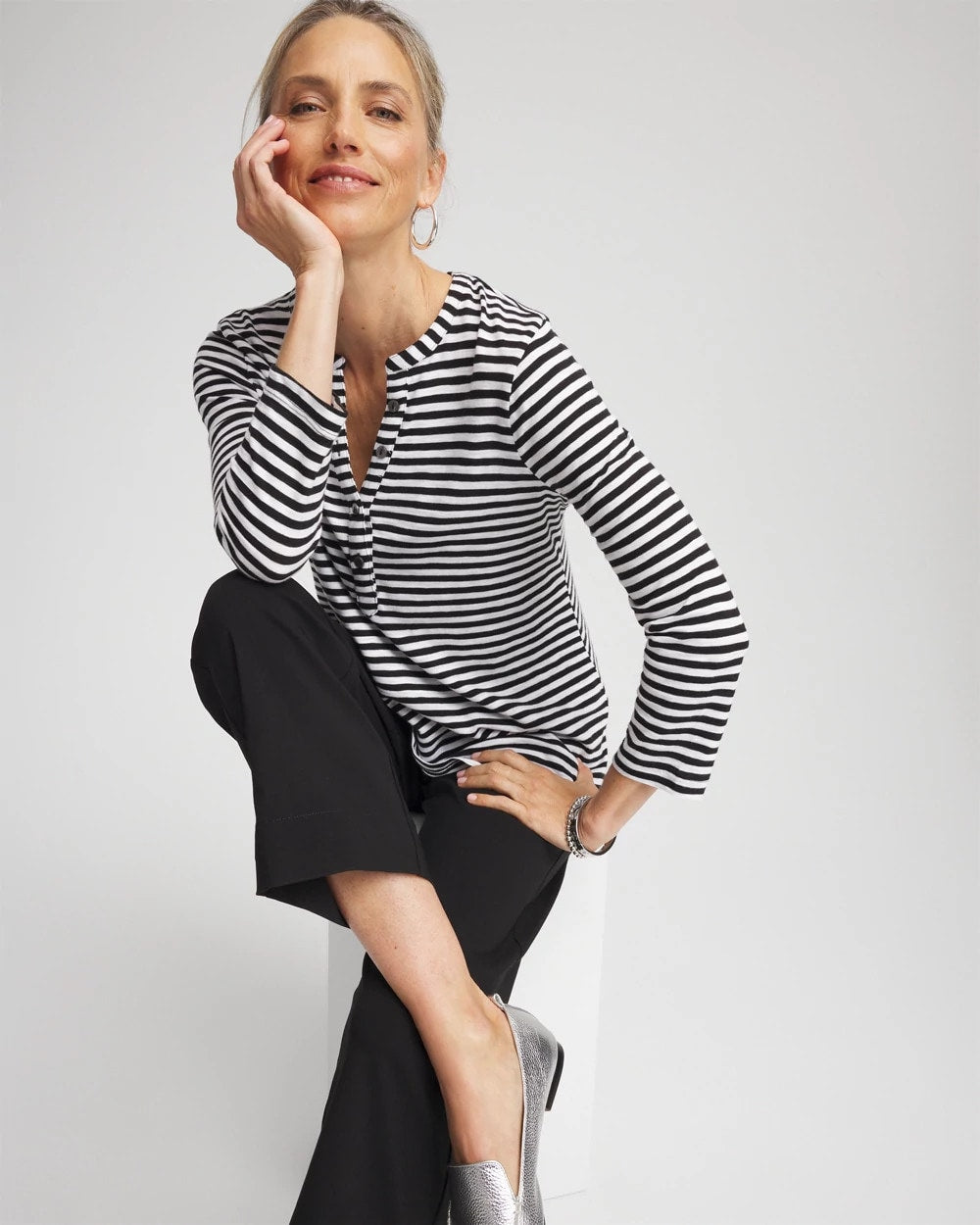Chico's Deals - Striped Slub Splitneck Henley Tee Black