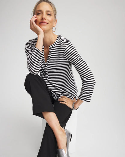 Chico's Deals - Striped Slub Splitneck Henley Tee Black