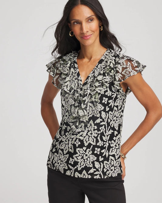 Chico's Premium - Lace Floral-Burnout Henley Tee Black