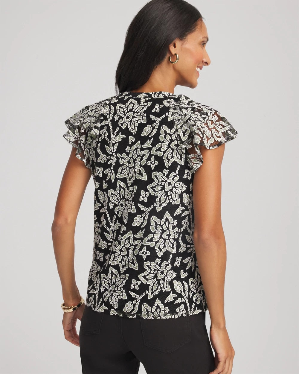 Chico's Premium - Lace Floral-Burnout Henley Tee Black