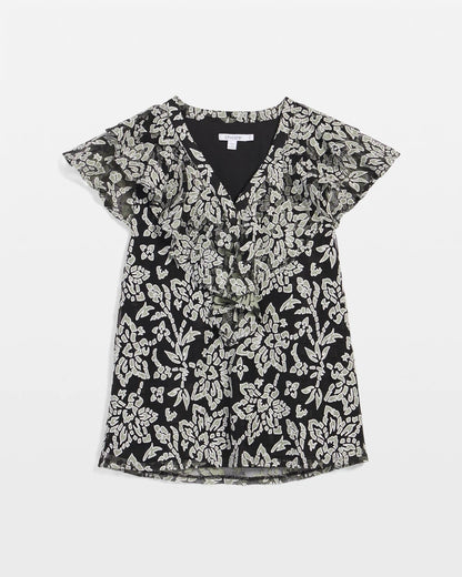 Chico's Premium - Lace Floral-Burnout Henley Tee Black