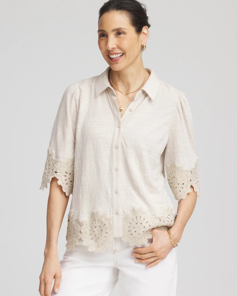 Chico's Best Seller - Crochet Trim Linen Shirt River Rock