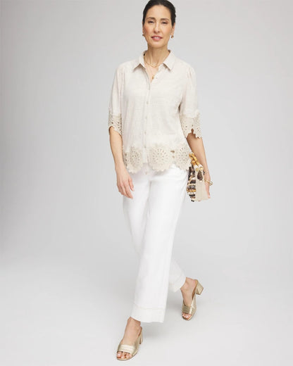 Chico's Best Seller - Crochet Trim Linen Shirt River Rock