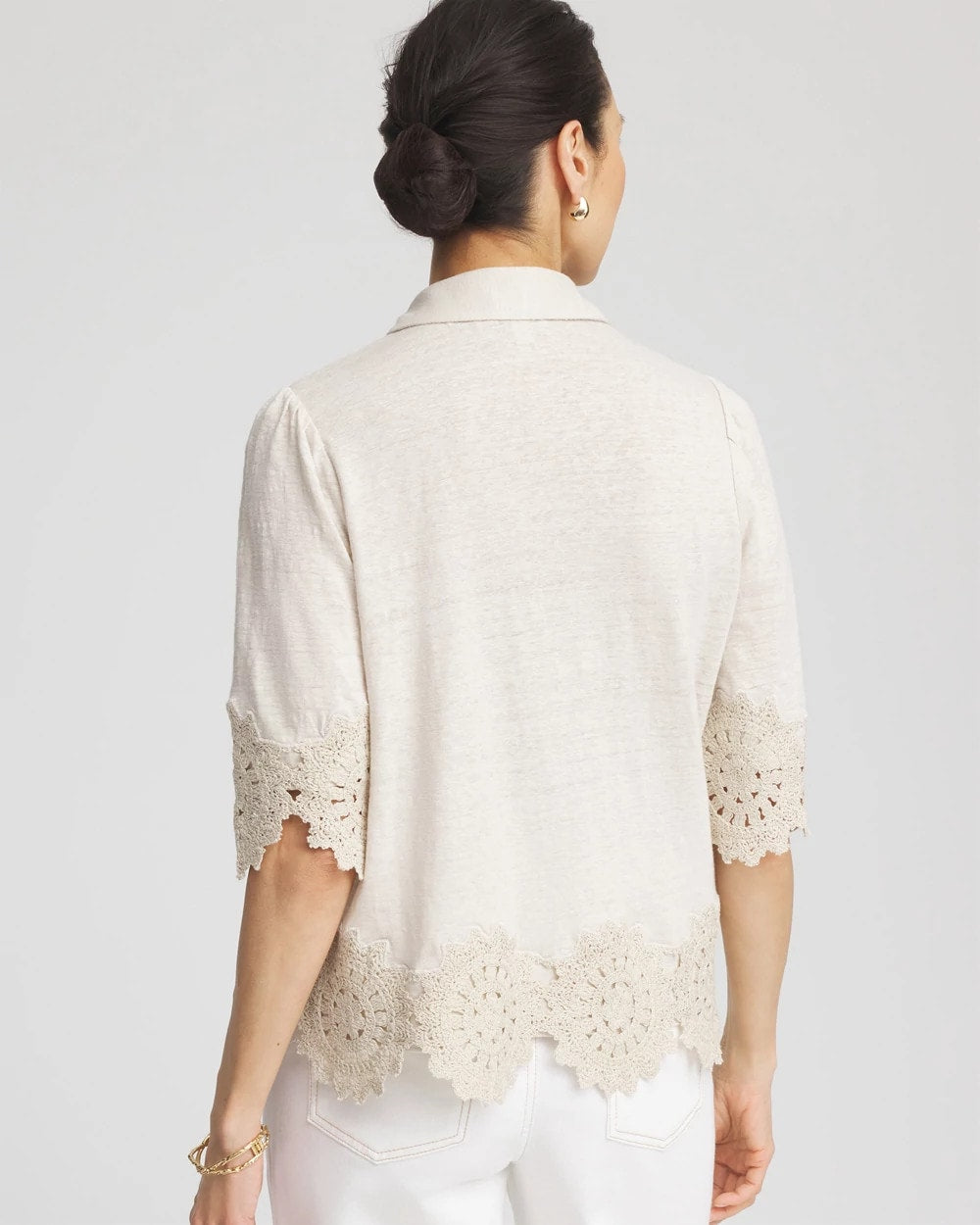 Chico's Best Seller - Crochet Trim Linen Shirt River Rock