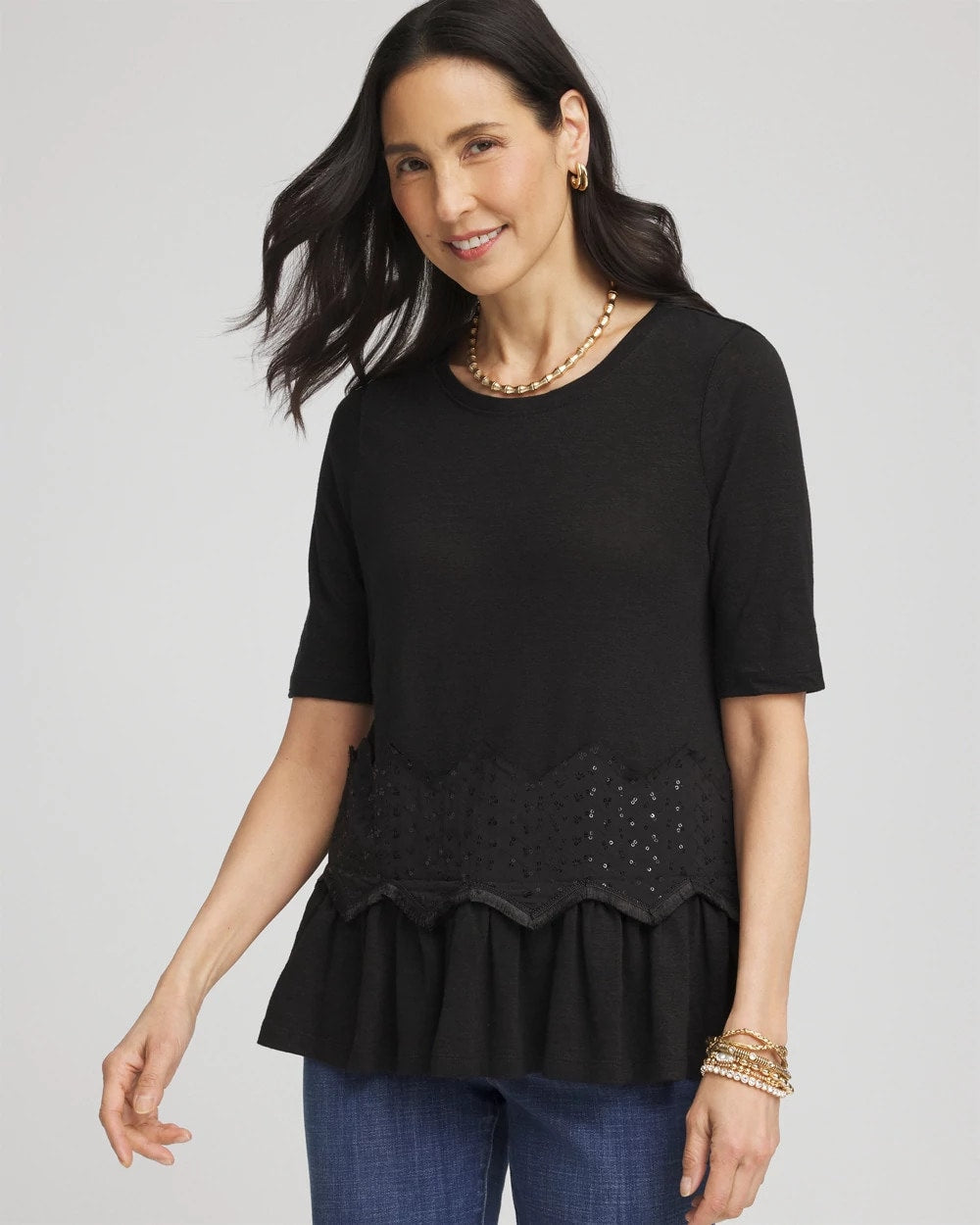 Chico's Quality - Chevron Sequin Peplum Linen Tee Black