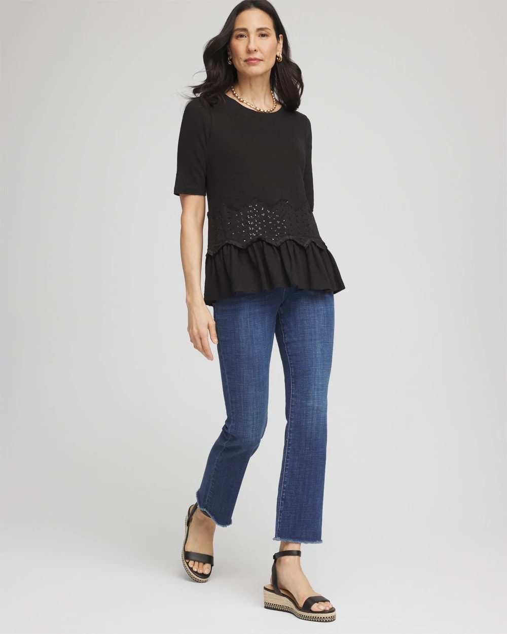 Chico's Quality - Chevron Sequin Peplum Linen Tee Black