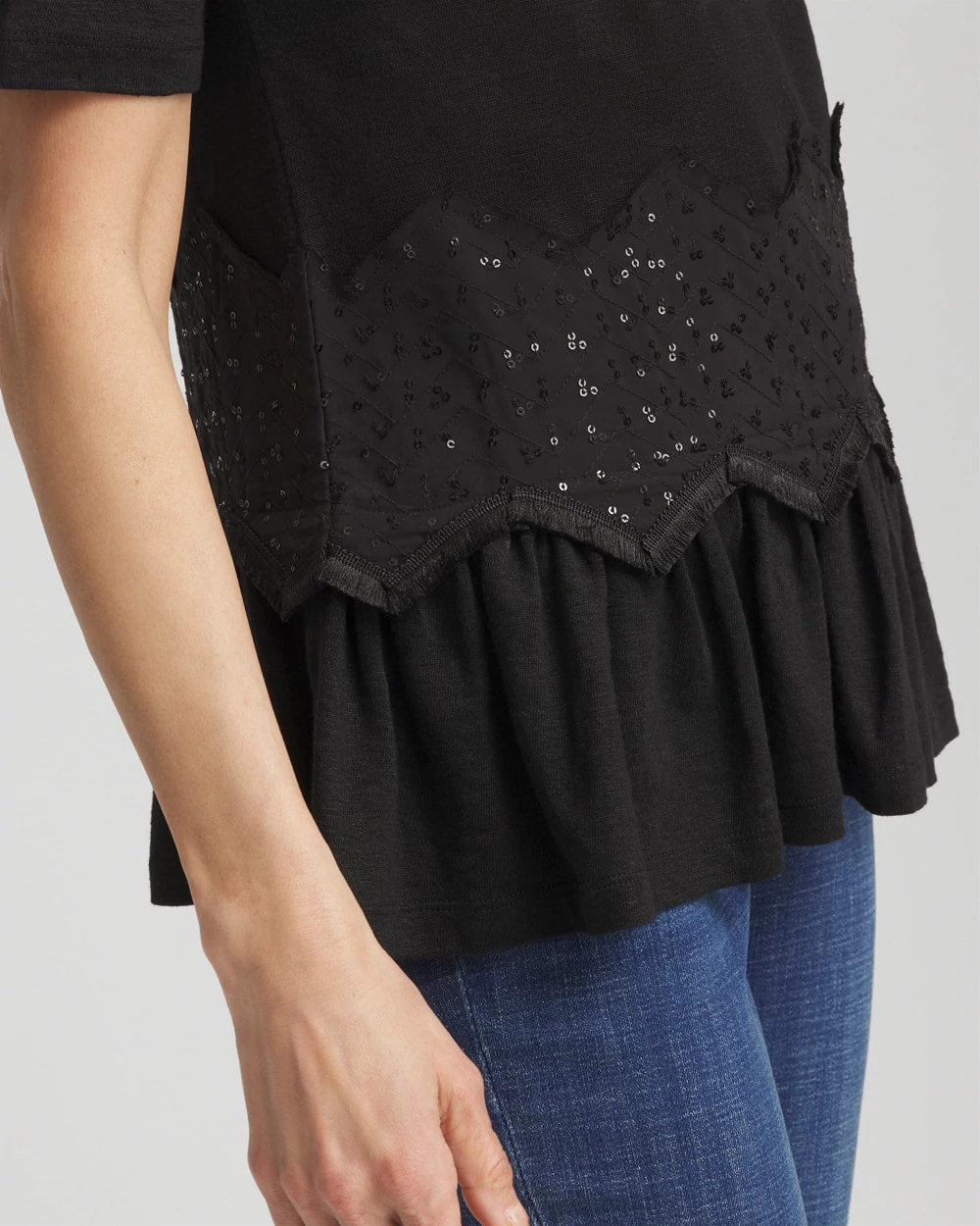 Chico's Quality - Chevron Sequin Peplum Linen Tee Black
