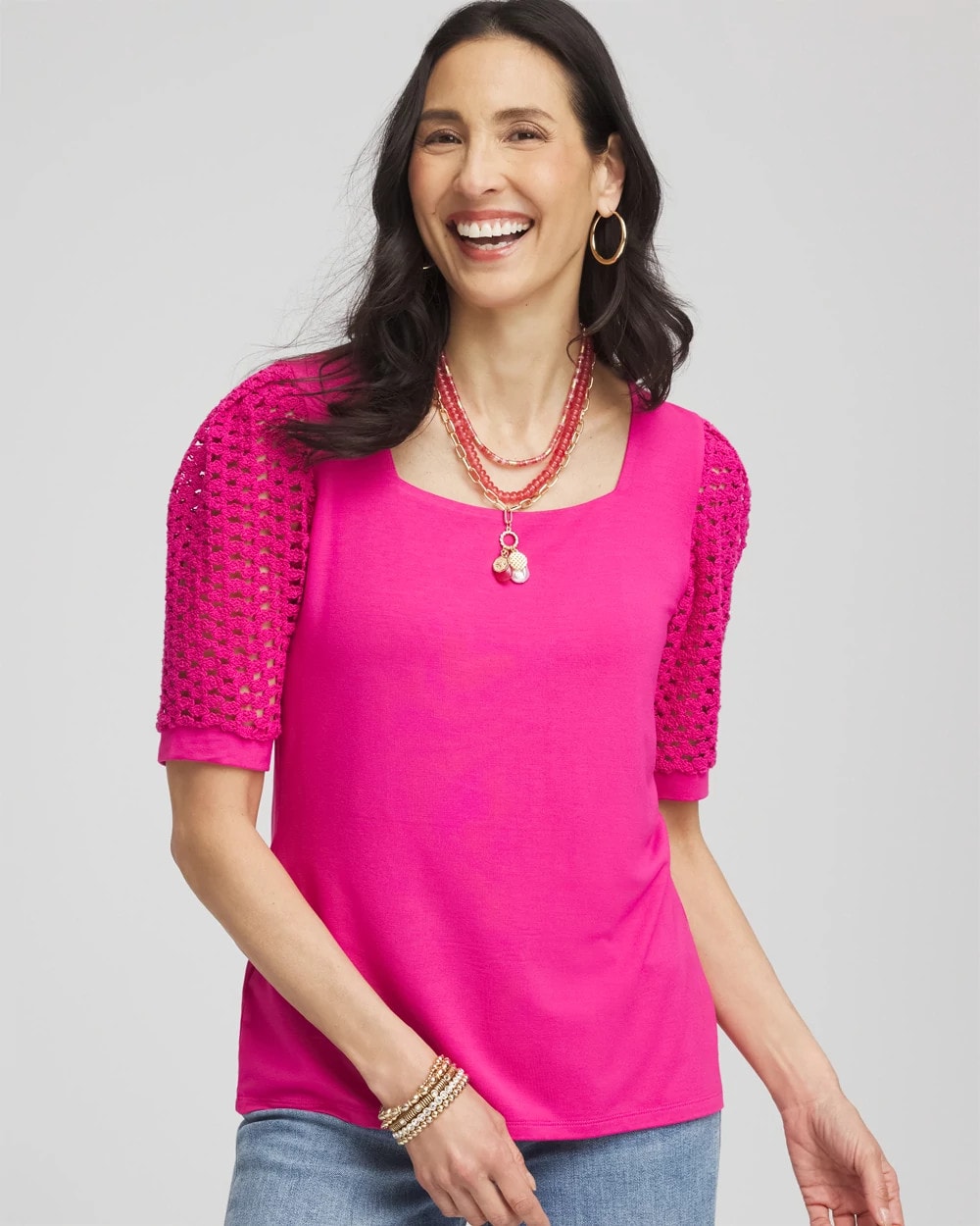 Chico's Quality - Touch of Cool™ Crochet Lace Square-Neck Tee Crushed Berries
