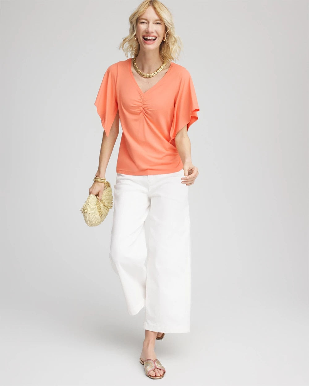 Chico's Recommended - Touch of Cool™ Handkerchief-Sleeve V-Neck Tee Sunset Peach