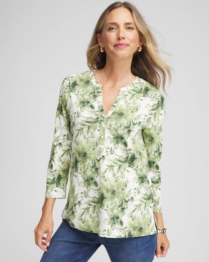 Chico's Sale - Printed Slub Splitneck Henley Tee Sage Meadow