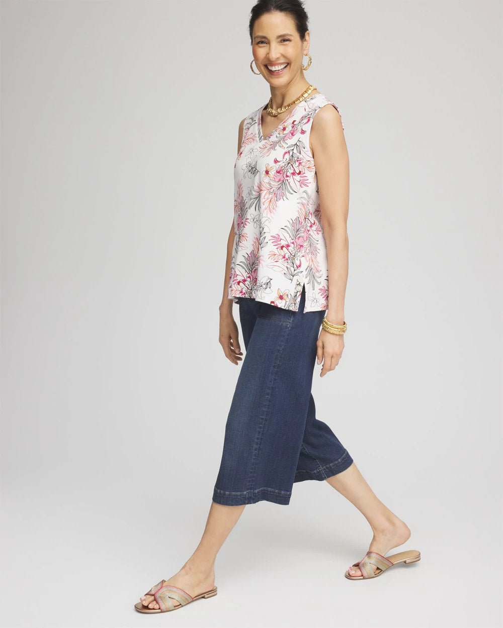 Chico's Best Price - Floral Sleeveless V-Neck Tank Alabaster