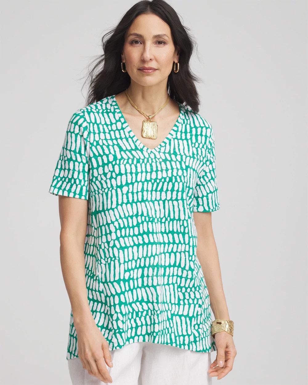 Chico's Exclusive - Tropical Short Sleeve Forward-Seam Tee Eden Green