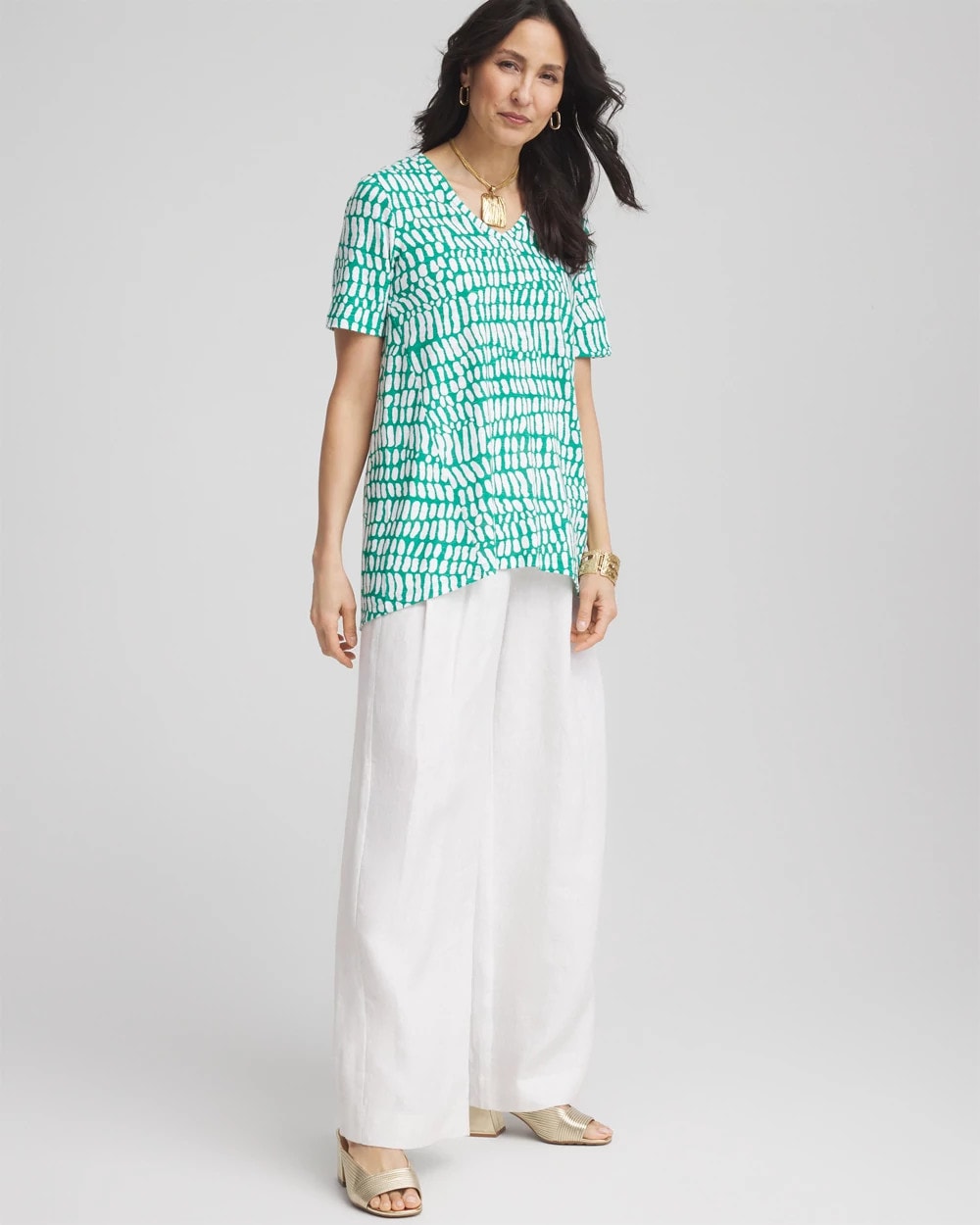 Chico's Exclusive - Tropical Short Sleeve Forward-Seam Tee Eden Green