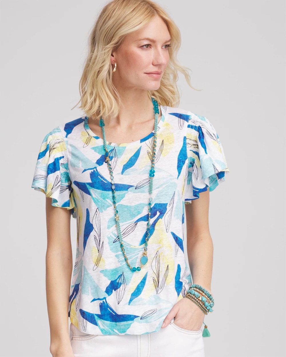 Chico's Exclusive - Linen Smocked Flutter-Sleeved Tee Alabaster