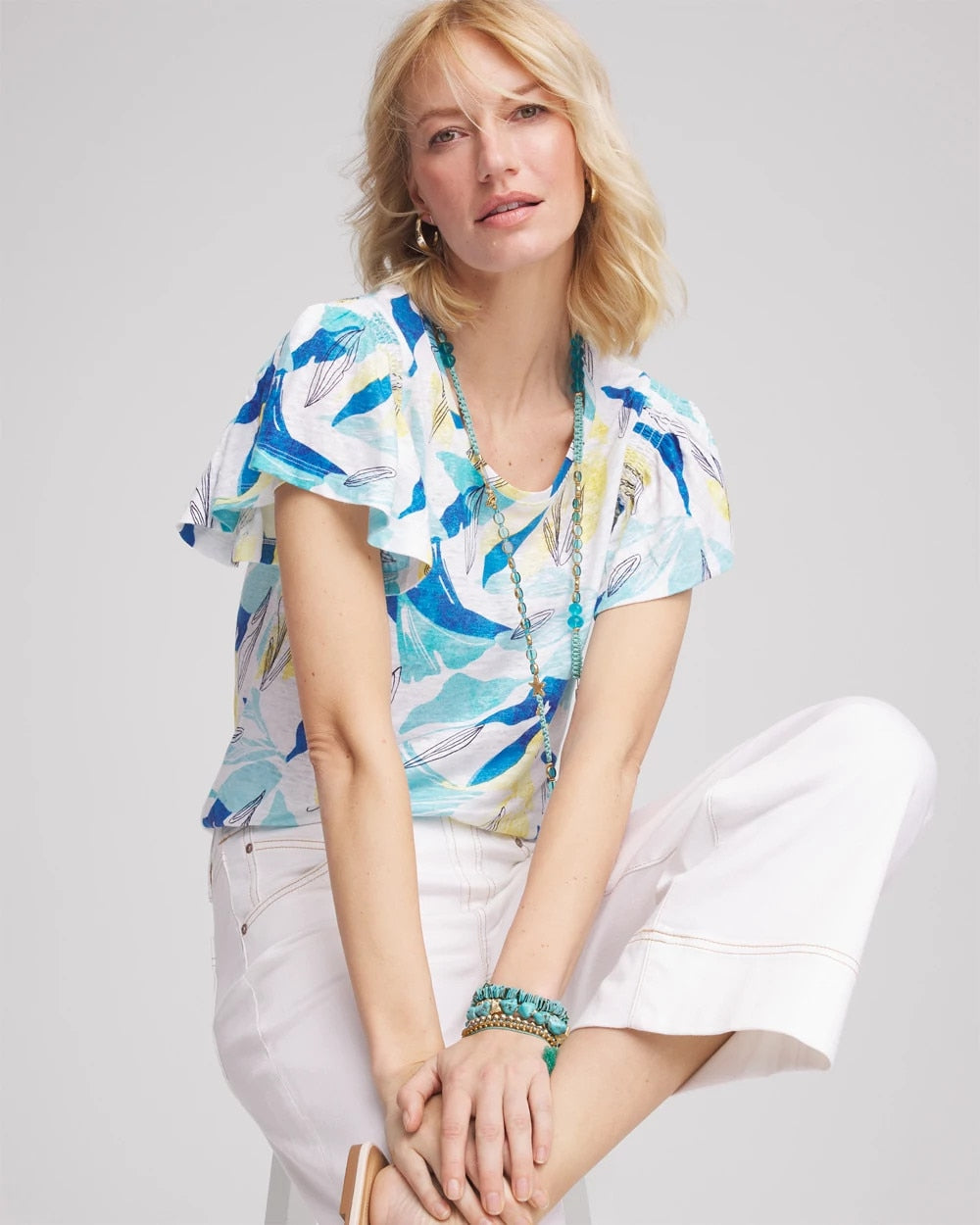 Chico's Exclusive - Linen Smocked Flutter-Sleeved Tee Alabaster