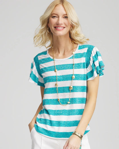 Chico's Best Price - Linen Metallic Striped Flutter-Sleeve Tee Seaspray