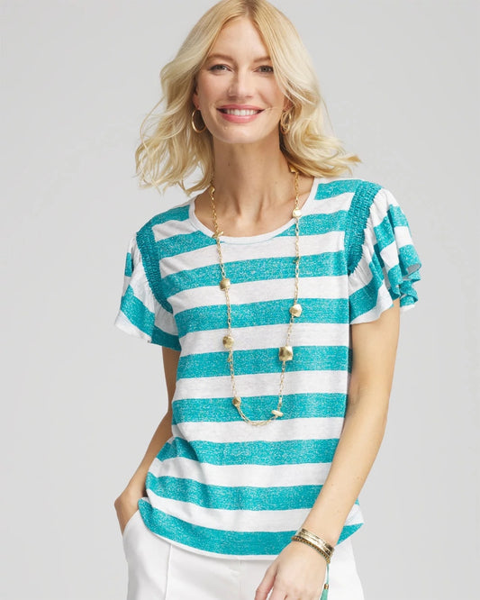 Chico's Best Price - Linen Metallic Striped Flutter-Sleeve Tee Seaspray