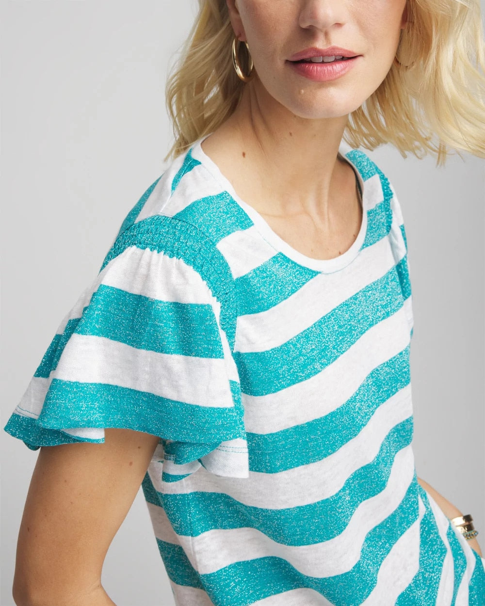 Chico's Best Price - Linen Metallic Striped Flutter-Sleeve Tee Seaspray