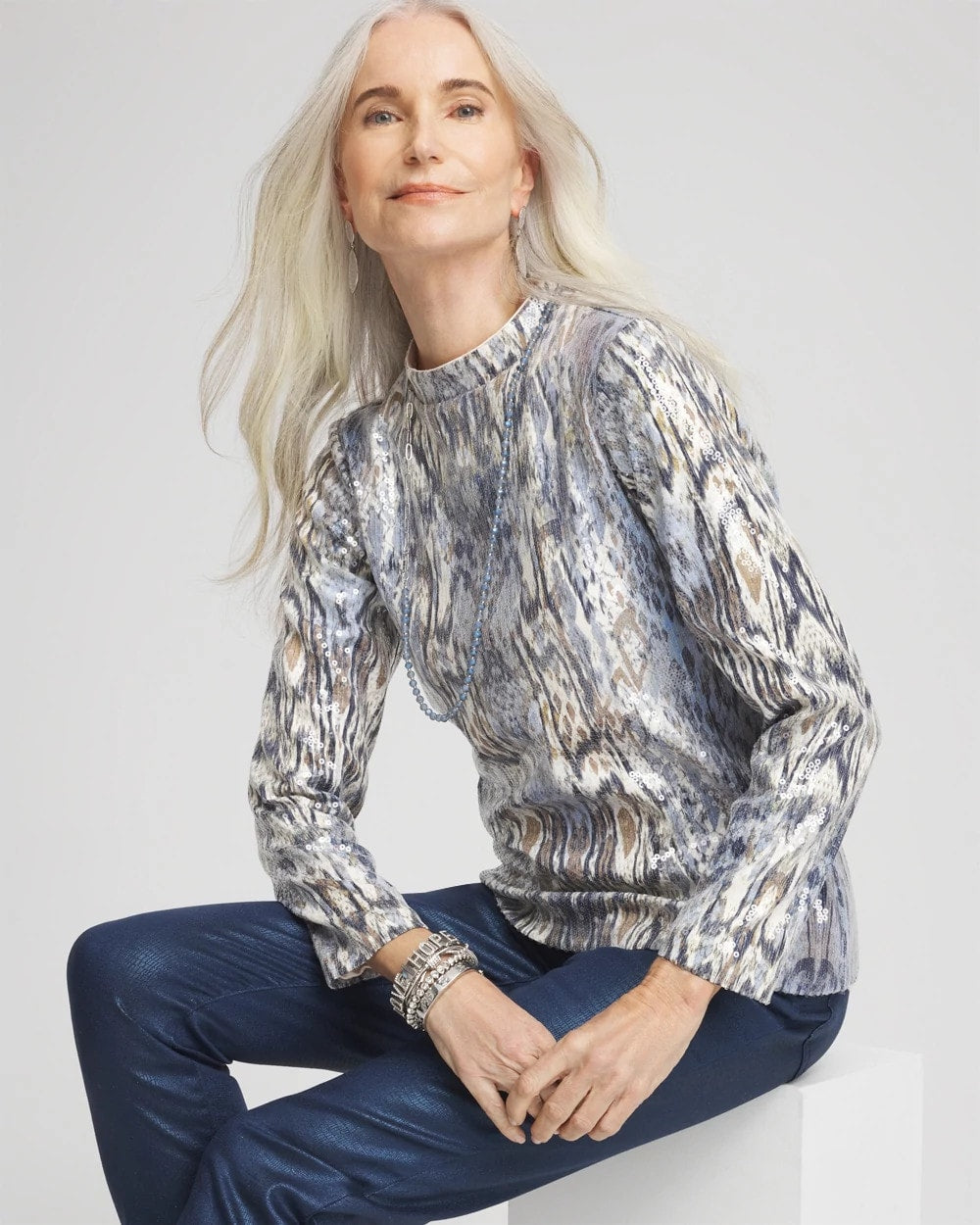 Chico's Premium - Sequin Reptile Funnel Neck tee Classic Navy