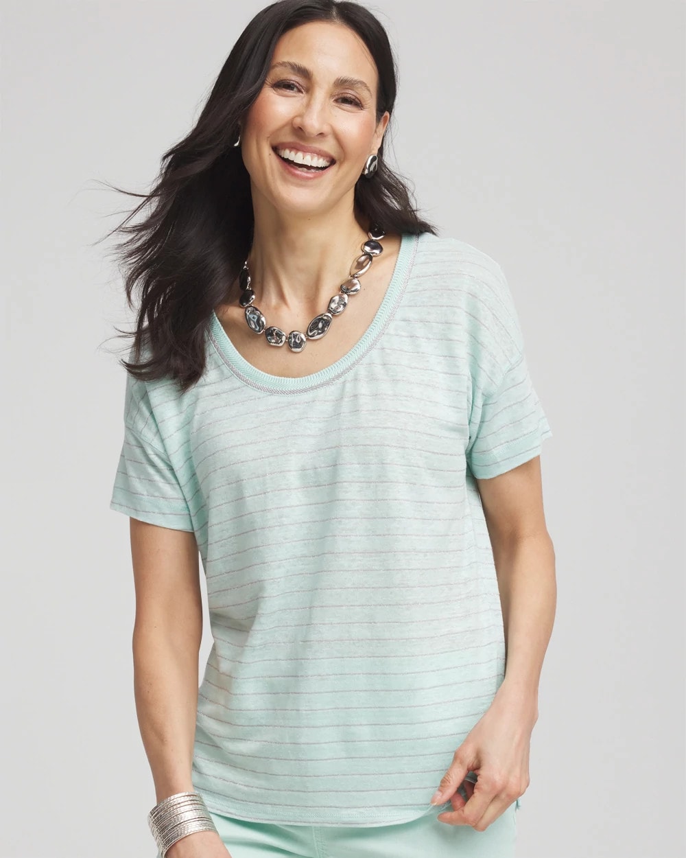 Chico's Featured - Striped Sweater-Trim Linen Tee Teal Waters
