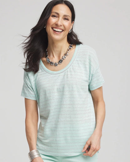 Chico's Featured - Striped Sweater-Trim Linen Tee Teal Waters