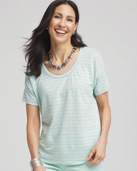 Chico's Featured - Striped Sweater-Trim Linen Tee Teal Waters