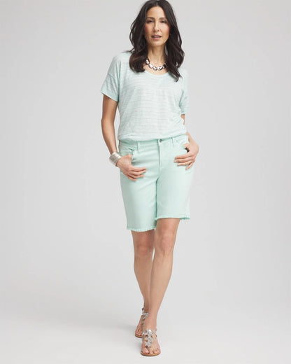 Chico's Featured - Striped Sweater-Trim Linen Tee Teal Waters