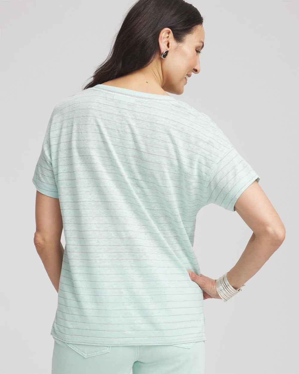 Chico's Featured - Striped Sweater-Trim Linen Tee Teal Waters