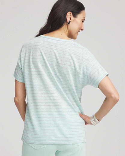 Chico's Featured - Striped Sweater-Trim Linen Tee Teal Waters