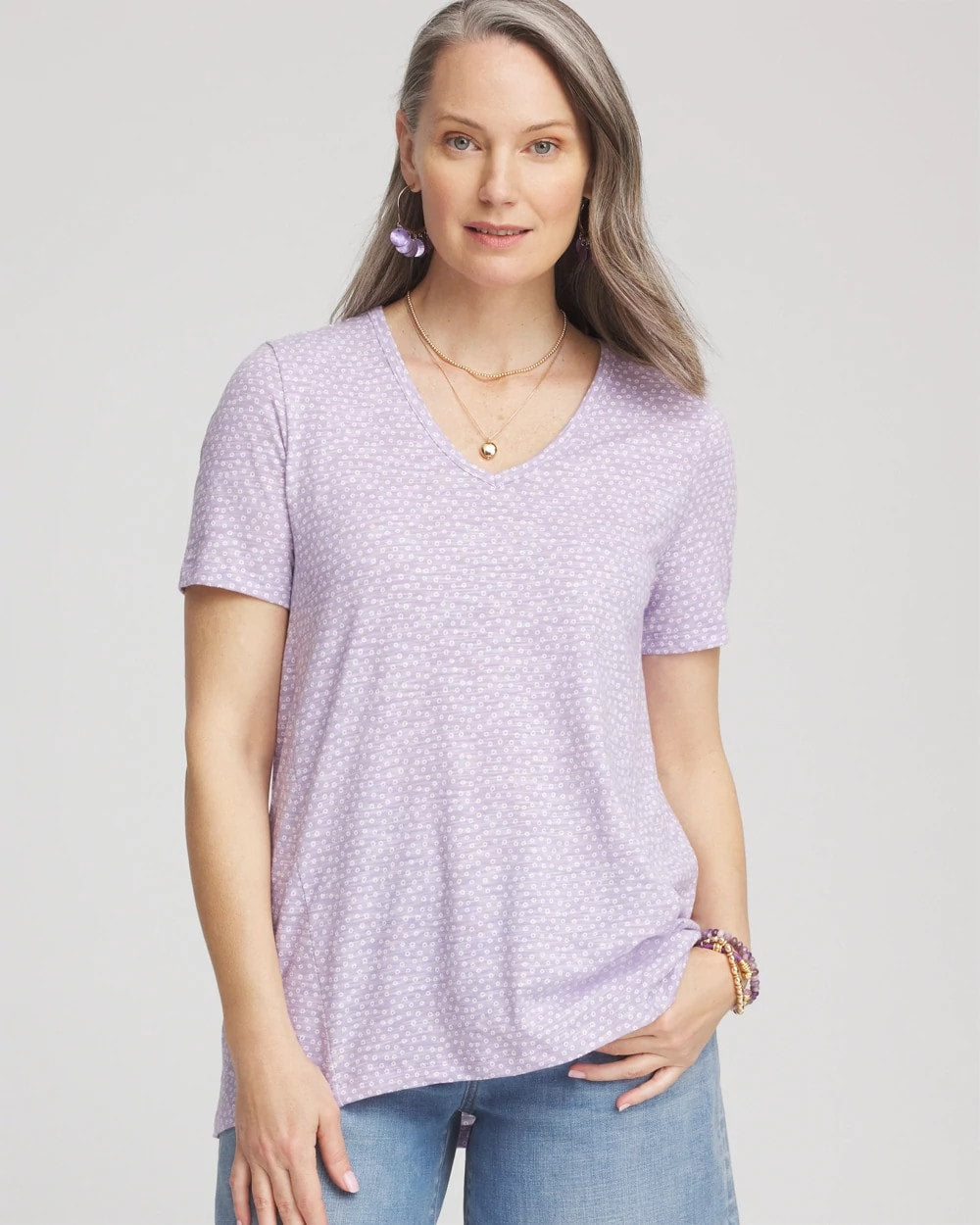 Chico's Sale - Polka-Dot Short Sleeve Forward Seam Tee Gentle Lavender