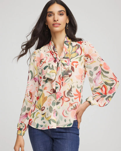 Chico's Exclusive - Floral Jacquard Tie-Front Blouse Cashew