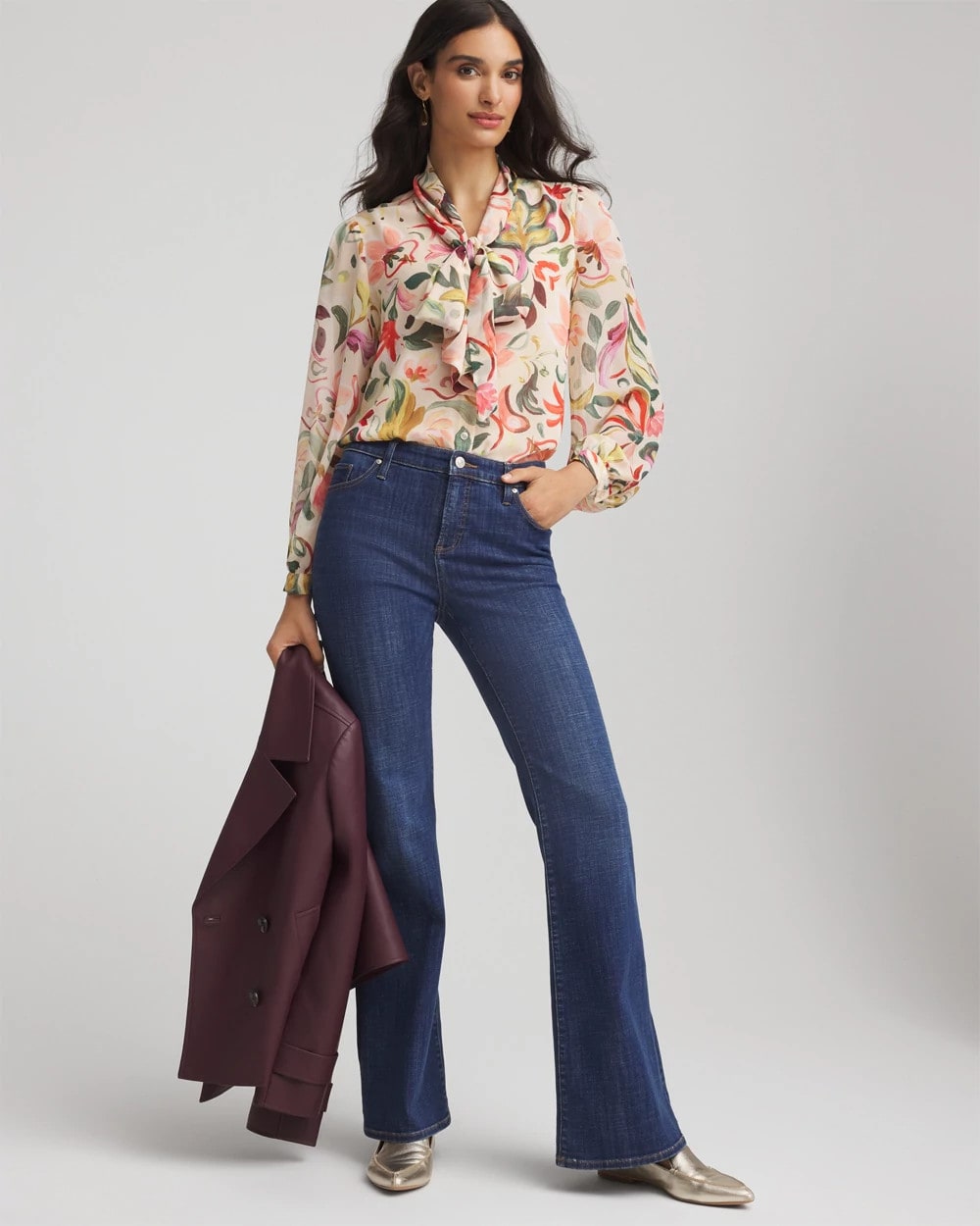 Chico's Exclusive - Floral Jacquard Tie-Front Blouse Cashew