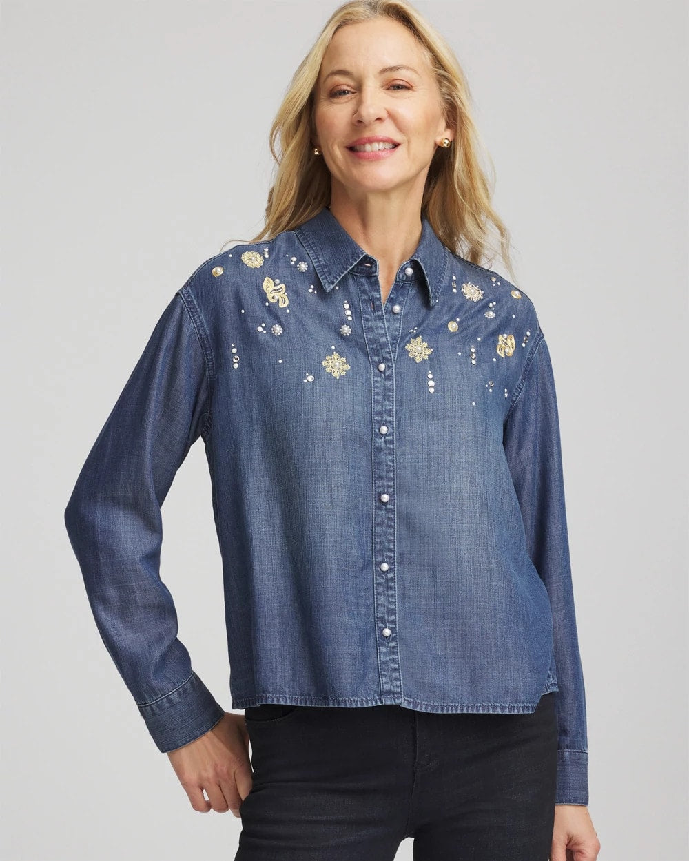 Chico's Trending - Embellished Tencel Collar Shirt Kiruna Indigo