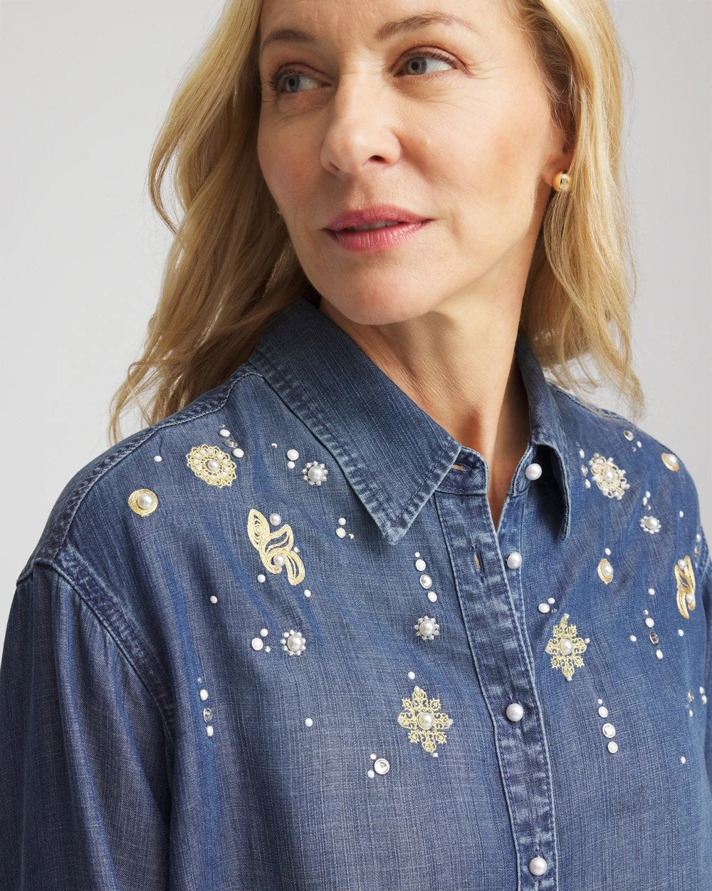 Chico's Trending - Embellished Tencel Collar Shirt Kiruna Indigo