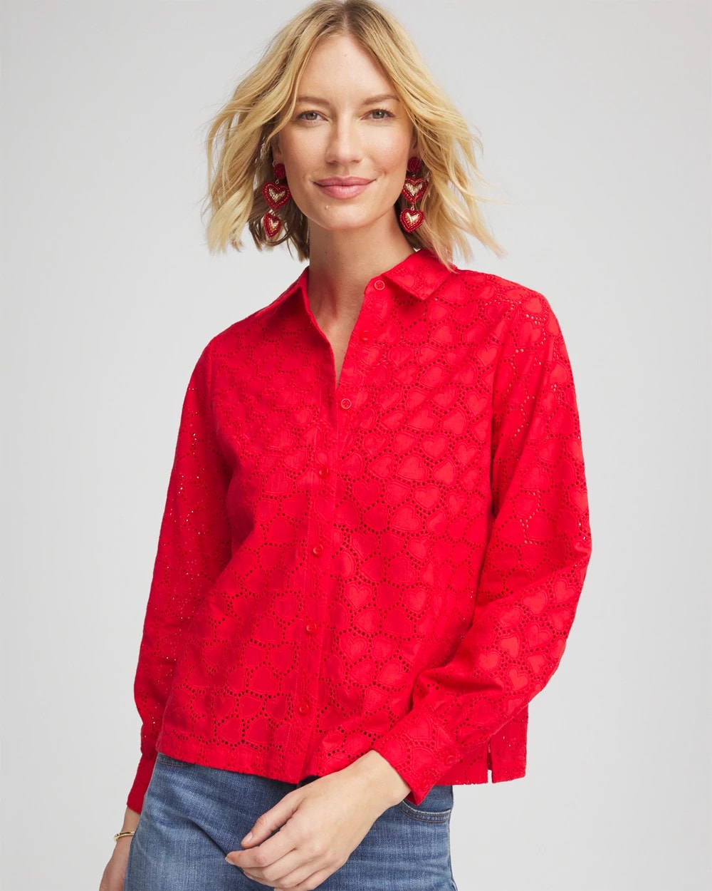 Chico's Top Pick - Heart Eyelet Button Down Shirt Love Letter Red