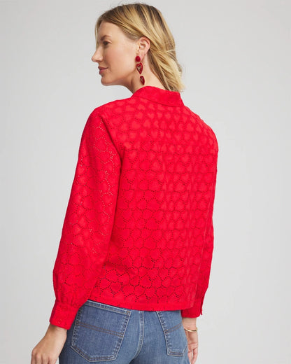 Chico's Top Pick - Heart Eyelet Button Down Shirt Love Letter Red