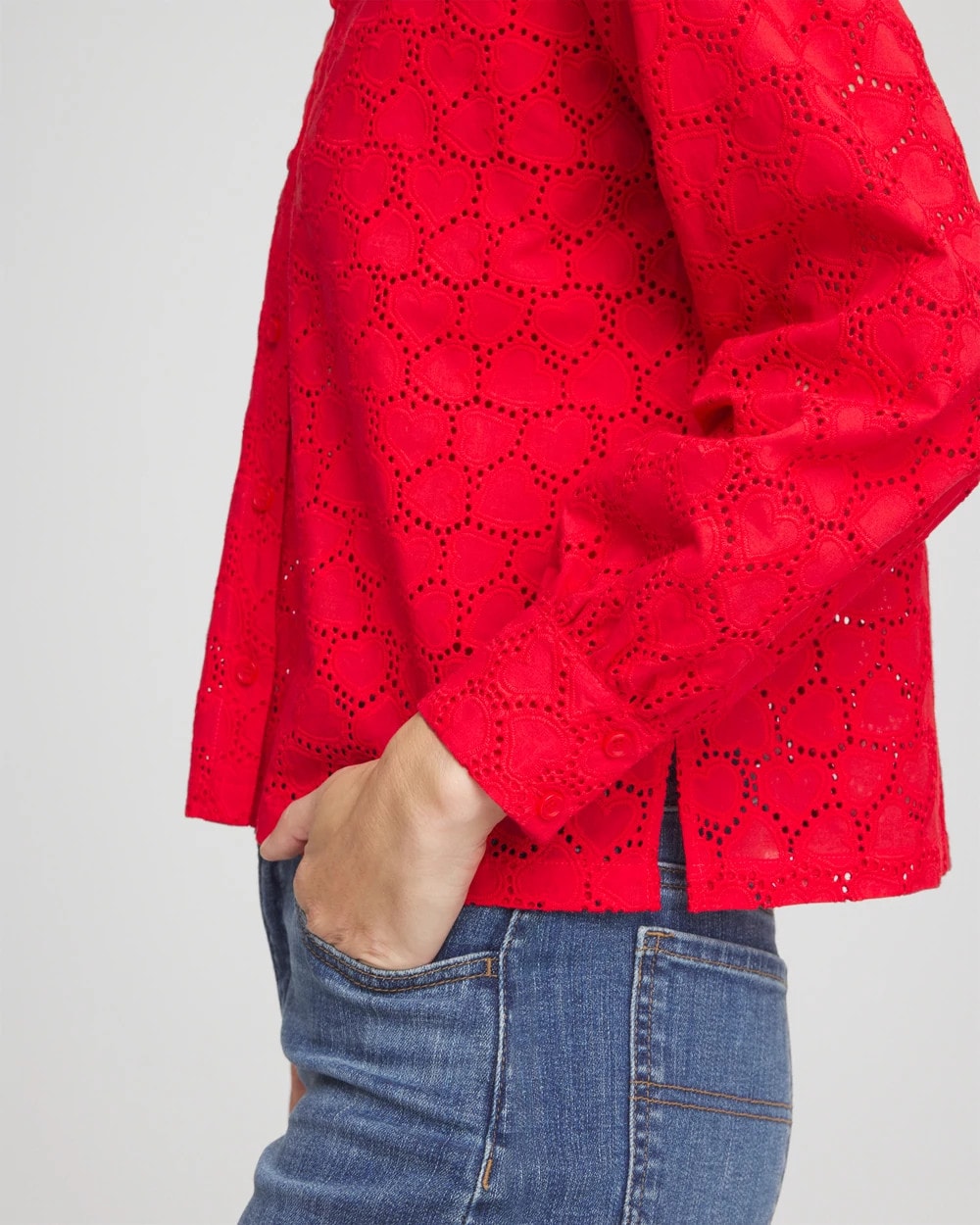 Chico's Top Pick - Heart Eyelet Button Down Shirt Love Letter Red