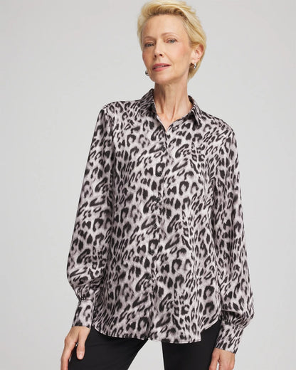 Chico's Premium - Faux Silk Snowy Animal Shirt Dove Gray