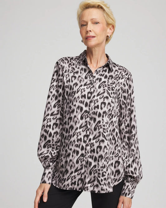 Chico's Premium - Faux Silk Snowy Animal Shirt Dove Gray