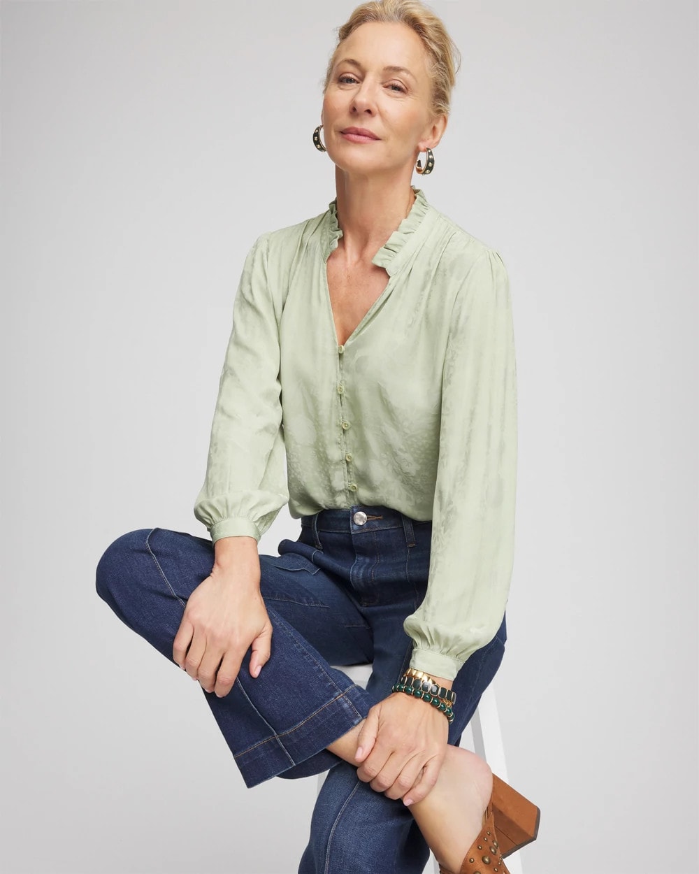 Chico's Recommended - Jacquard Georgette Peasant Blouse Sage Meadow