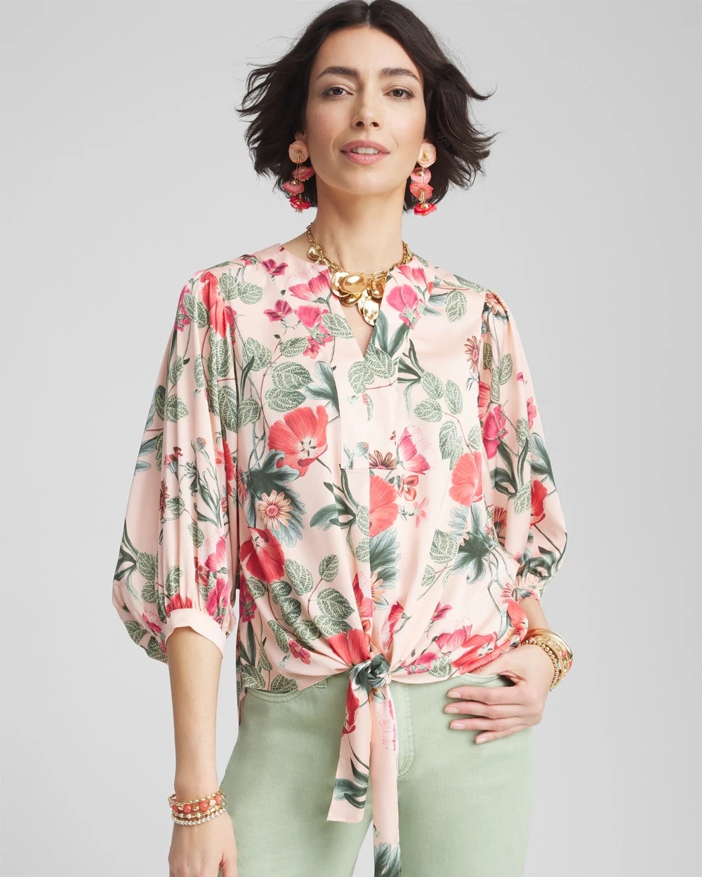 Chico's New - Floral Satin Tie-Front Pullover Top Coral Blossom