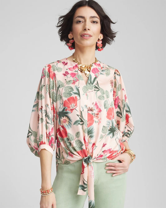 Chico's New - Floral Satin Tie-Front Pullover Top Coral Blossom