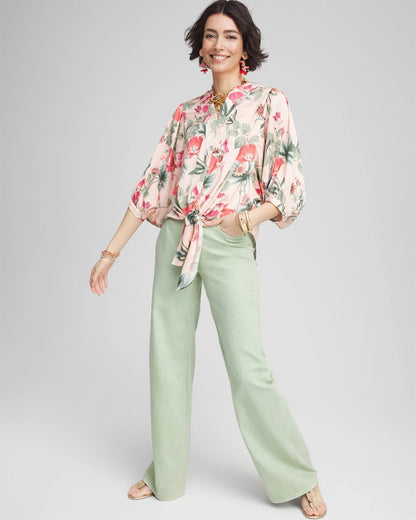 Chico's New - Floral Satin Tie-Front Pullover Top Coral Blossom