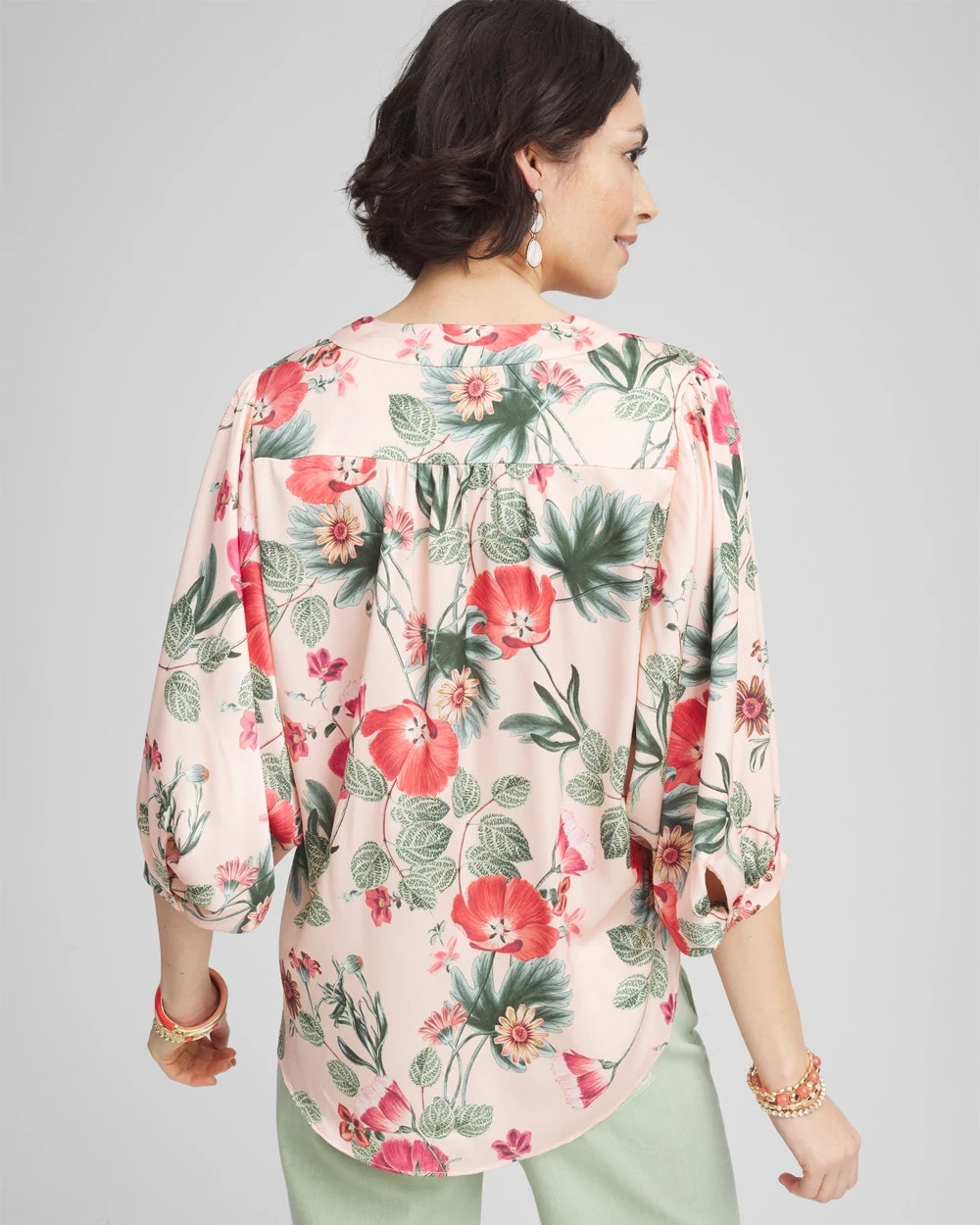 Chico's New - Floral Satin Tie-Front Pullover Top Coral Blossom