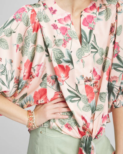 Chico's New - Floral Satin Tie-Front Pullover Top Coral Blossom