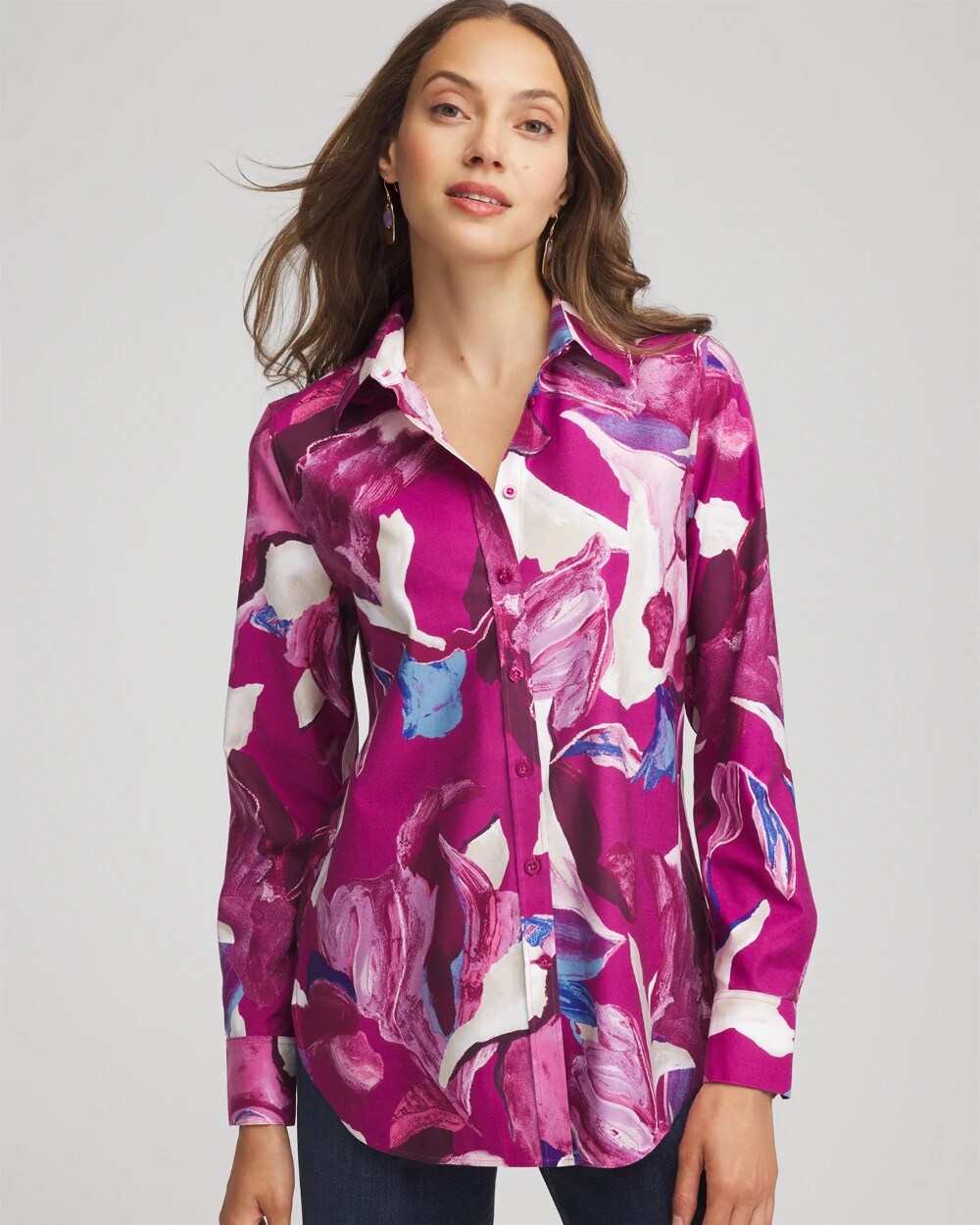 Chico's Exclusive - No Iron™ Floral-Paint-Print Shirt Cobalt Stone
