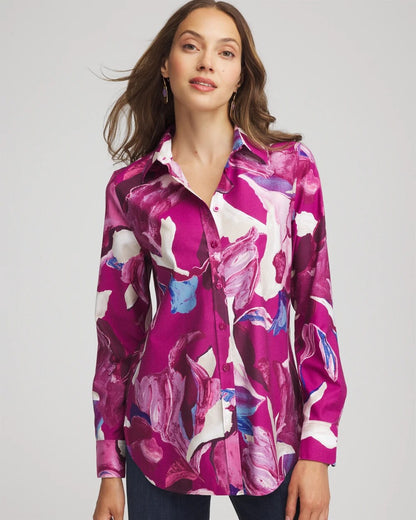 Chico's Exclusive - No Iron™ Floral-Paint-Print Shirt Cobalt Stone