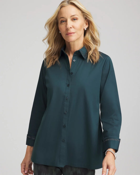 Chico's Quality - Rhinestone Embellished Poplin Tunic Teal Shadow