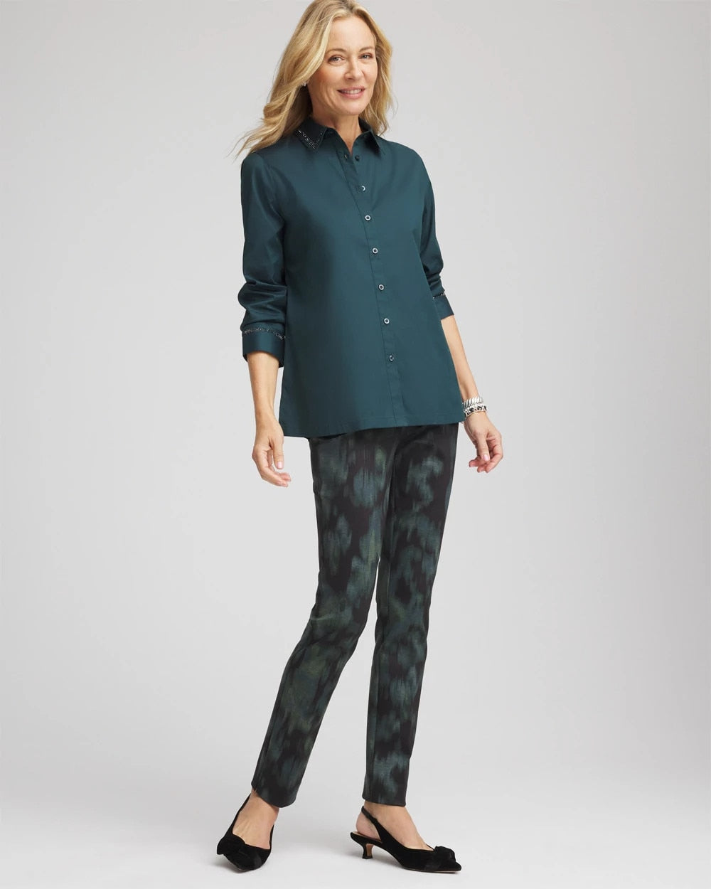 Chico's Quality - Rhinestone Embellished Poplin Tunic Teal Shadow