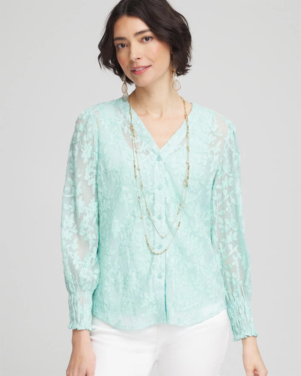 Chico's Latest - Floral Soutache V-Neck Blouse Teal Waters